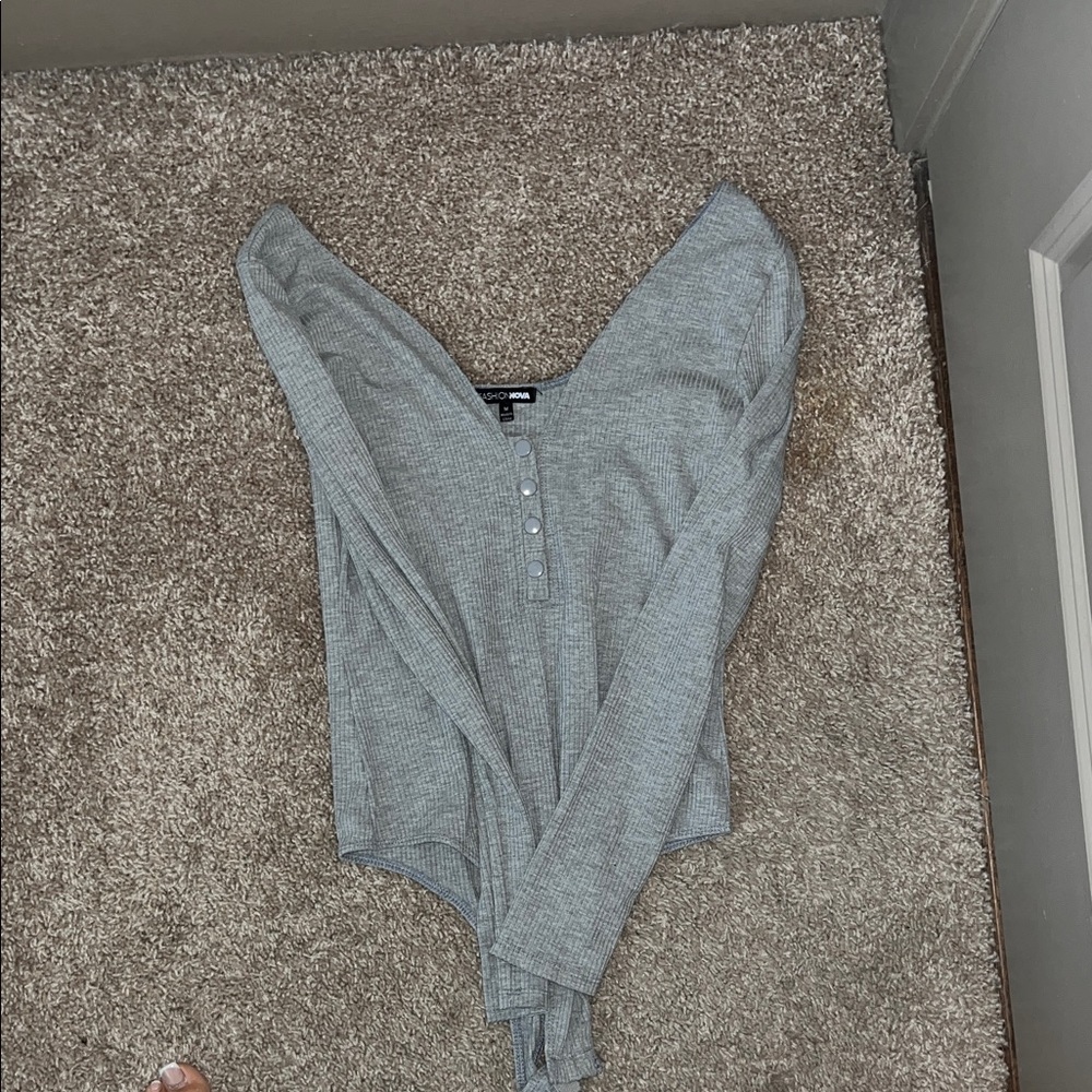 Fashion Nova Gray Ribbed Button-Up Top